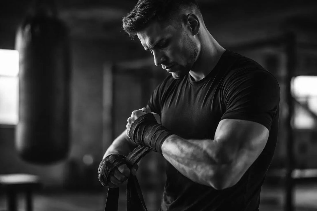 Homme se préparant à l’entraînement en bandant ses mains, symbole de discipline, répétition et standards personnels élevés