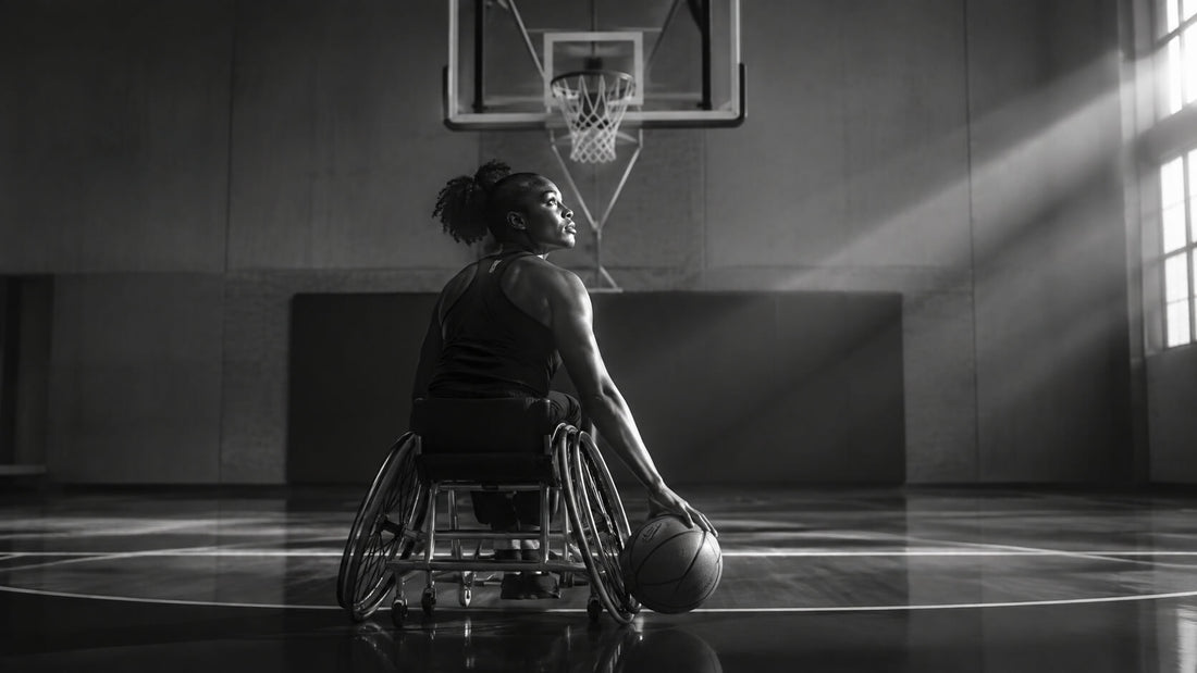 Athlète en fauteuil avec ballon de basket face au panier, symbole de correction froide, de lucidité et de transformation de l’erreur en progrès Mindset Ambition
