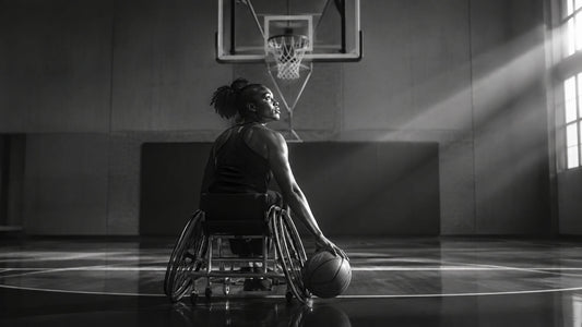 Athlète en fauteuil avec ballon de basket face au panier, symbole de correction froide, de lucidité et de transformation de l’erreur en progrès Mindset Ambition