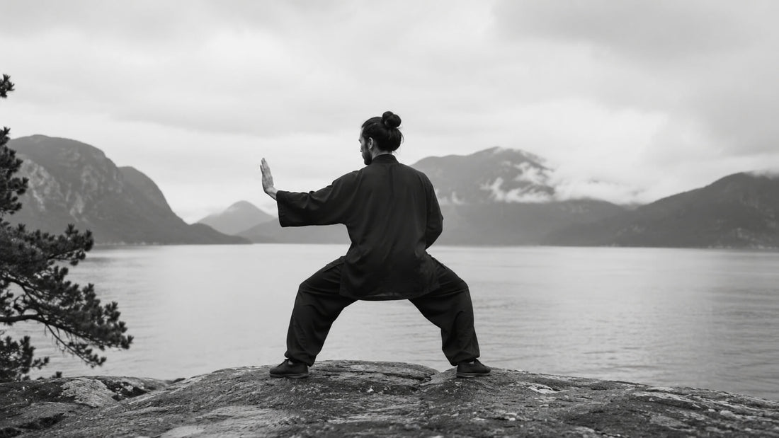 Personne vue de dos pratiquant un mouvement méditatif face à un lac et des montagnes, symbole d’énergie propre et de maîtrise intérieure Mindset Ambition
