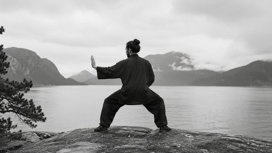 Personne vue de dos pratiquant un mouvement méditatif face à un lac et des montagnes, symbole d’énergie propre et de maîtrise intérieure Mindset Ambition