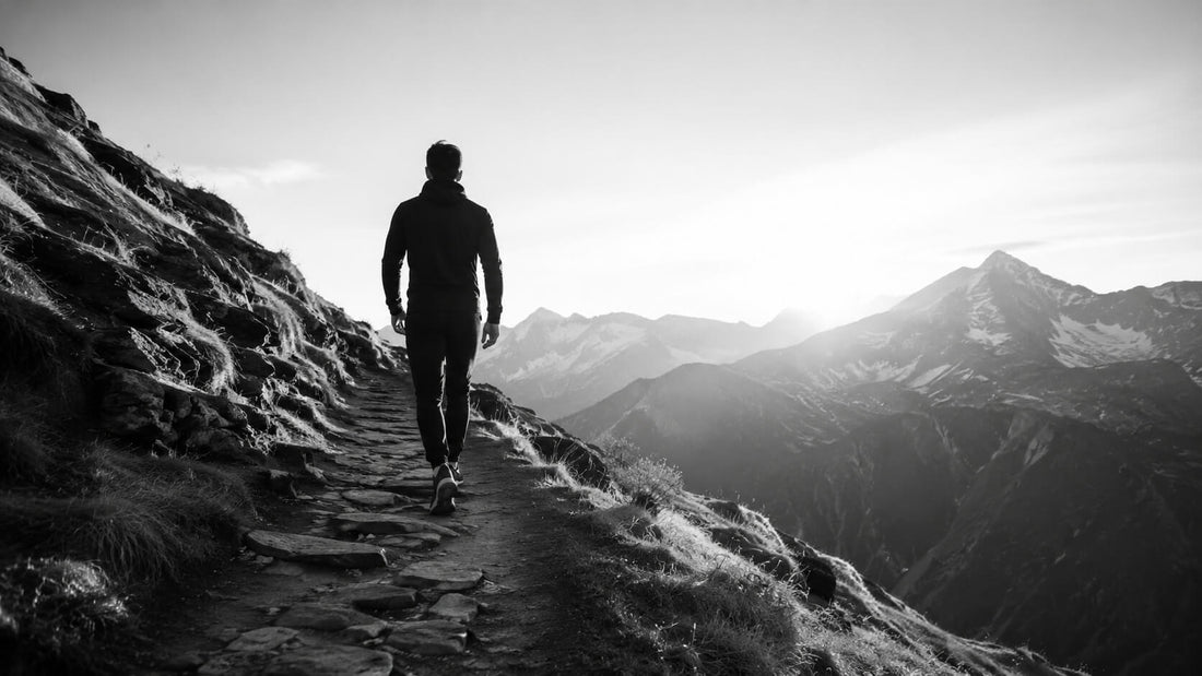 Homme marchant sur un sentier de montagne en noir et blanc, symbole du goût du difficile, de l’effort choisi et de l’élévation personnelle Mindset Ambition