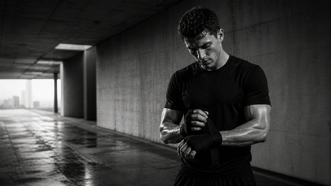 Athlète en noir et blanc préparant ses bandes de boxe dans un couloir urbain, symbole d’honneur personnel, de discipline et de parole tenue Mindset Ambition