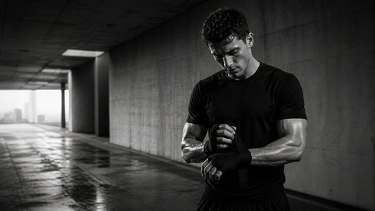 Athlète en noir et blanc préparant ses bandes de boxe dans un couloir urbain, symbole d’honneur personnel, de discipline et de parole tenue Mindset Ambition