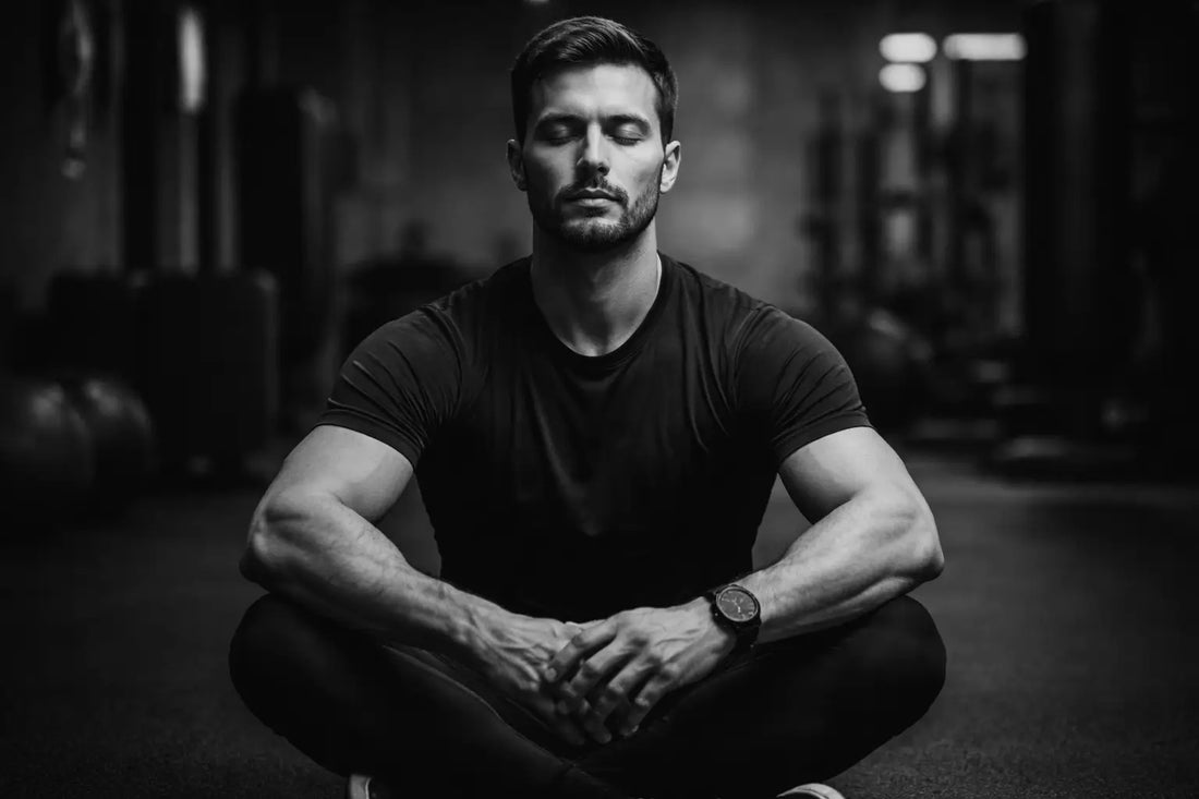 Homme assis en position calme dans une salle de sport, représentant la maîtrise mentale, la concentration et le calme intérieur