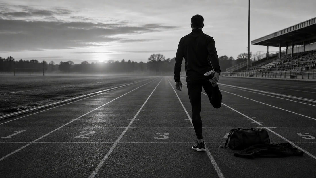 Coureur seul sur une piste au lever du soleil, symbole de marge silencieuse, d’anticipation et de discipline avant la pression Mindset Ambition