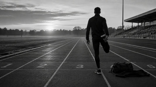Coureur seul sur une piste au lever du soleil, symbole de marge silencieuse, d’anticipation et de discipline avant la pression Mindset Ambition