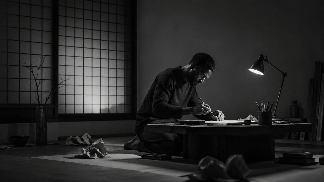 Homme noir concentré dans un atelier minimaliste en noir et blanc illustrant la patience offensive et la persévérance Mindset Ambition