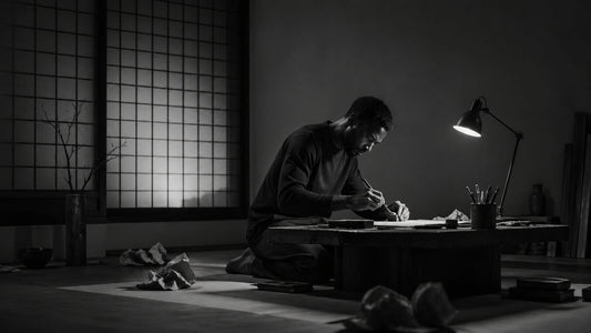 Homme noir concentré dans un atelier minimaliste en noir et blanc illustrant la patience offensive et la persévérance Mindset Ambition