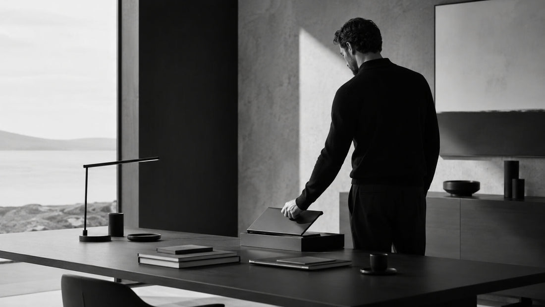 Homme dans un bureau minimaliste refermant un dossier, symbole du poids de l’inachevé, de la clôture mentale et de la récupération de l’attention Mindset Ambition