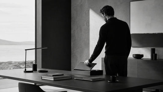 Homme dans un bureau minimaliste refermant un dossier, symbole du poids de l’inachevé, de la clôture mentale et de la récupération de l’attention Mindset Ambition