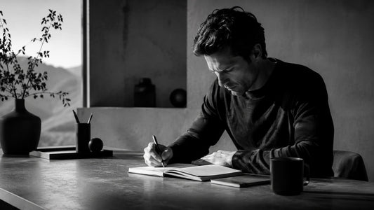 Homme écrivant avec concentration dans un espace minimaliste en noir et blanc, symbole de précision quotidienne, de discipline et de maîtrise Mindset Ambition
