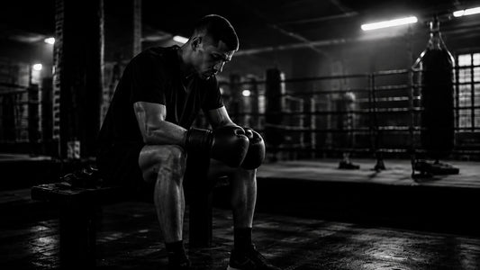 Boxeur assis avec des gants dans une salle de boxe sombre, symbole de réponse différée, de maîtrise émotionnelle et de contrôle avant l’action Mindset Ambition