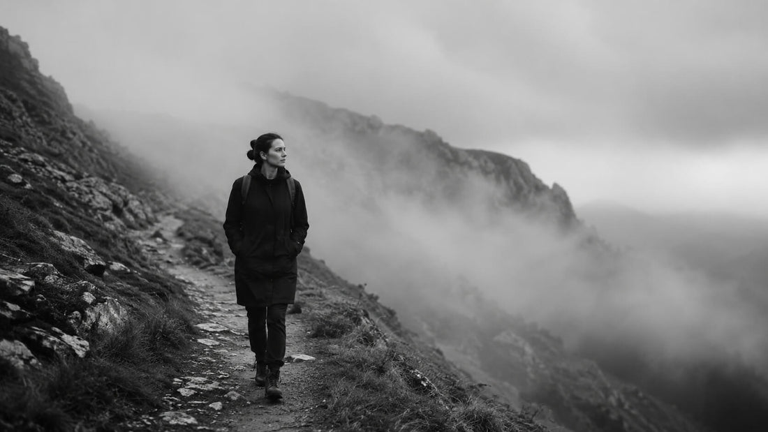 Femme avançant seule sur un sentier de montagne brumeux, symbole du seuil invisible et de la persévérance après l’envie d’abandonner