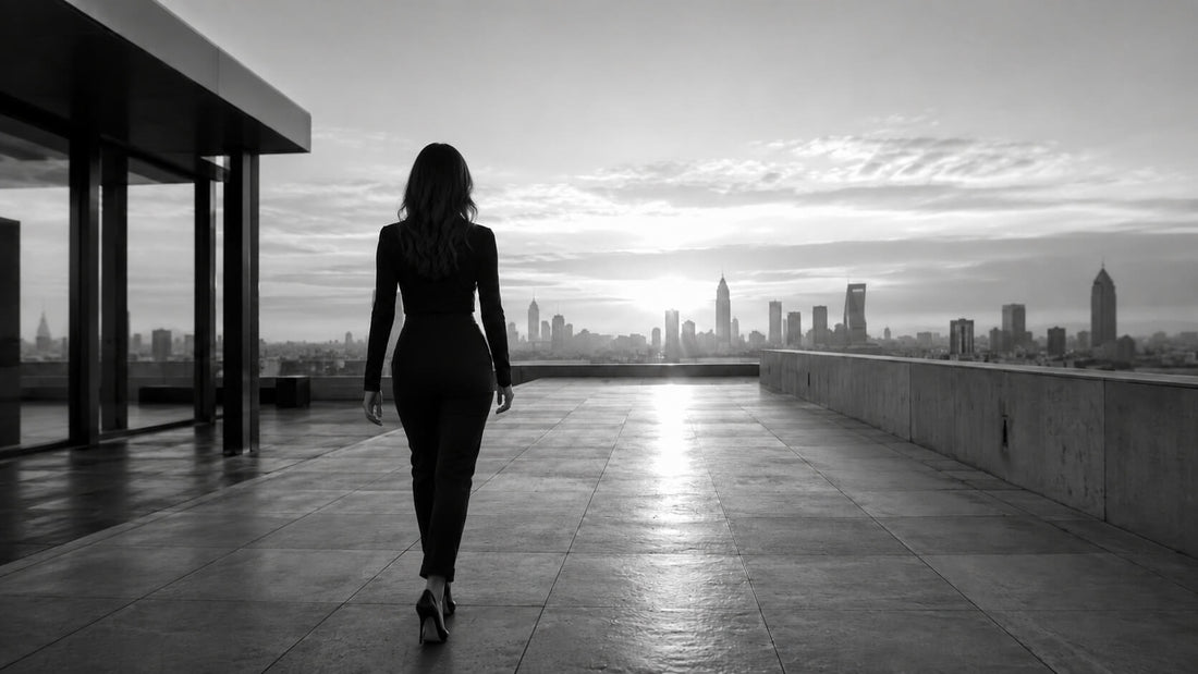 Femme élégante avançant sur un rooftop face à une ville lumineuse, symbole de traction intérieure, d’ambition et de futur clair Mindset Ambition