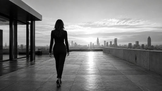 Femme élégante avançant sur un rooftop face à une ville lumineuse, symbole de traction intérieure, d’ambition et de futur clair Mindset Ambition