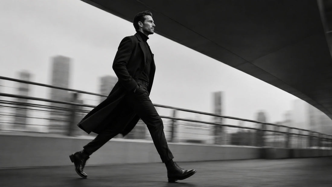 Homme élégant avançant rapidement dans un environnement urbain flou en noir et blanc, symbole de vitesse froide, maîtrise et ambition Mindset Ambition