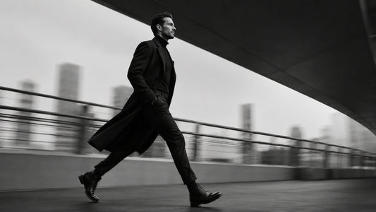 Homme élégant avançant rapidement dans un environnement urbain flou en noir et blanc, symbole de vitesse froide, maîtrise et ambition Mindset Ambition