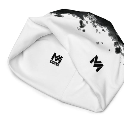 Bonnet Flow Ink Mindset Ambition, version blanche avec effet peinture noire fluide et logo imprimé noir, vue intérieure du bonnet révélant la signature Mindset Ambition – Mindset Ambition
