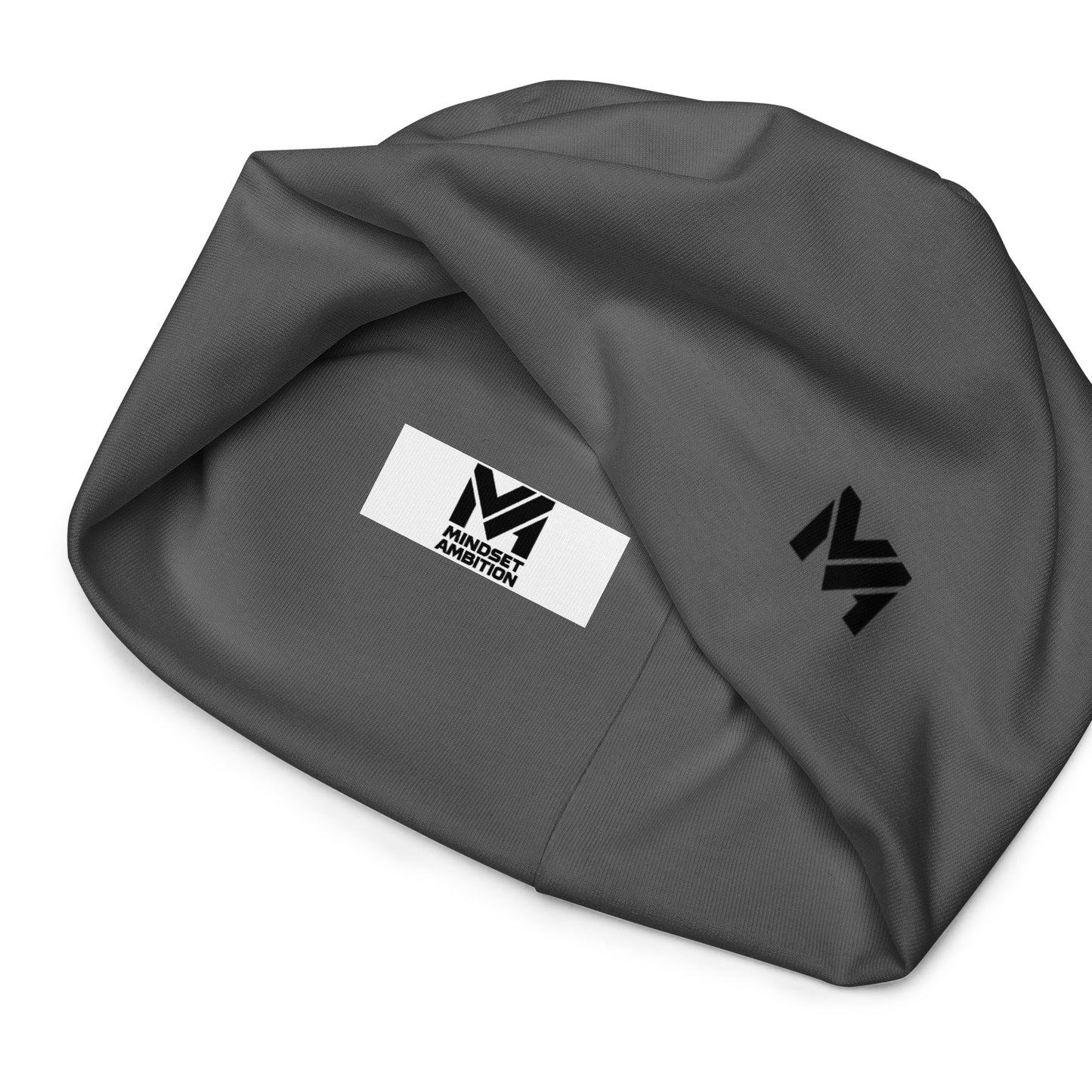 Bonnet Flow Mindset Ambition, version grise avec logo imprimé noir, vue intérieure du bonnet révélant la griffe Mindset Ambition – design épuré et moderne
