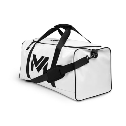 Grand sac de sport Bold Move Mindset Ambition, blanc, vue avant trois-quarts gauche, logo noir visible, bandoulière ajustable et poignées renforcées – Mindset Ambition
