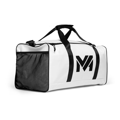 Sac Bold Move Mindset Ambition, blanc, vue avant trois-quarts droite, logo noir centré, poche latérale en maille noire, design moderne et fonctionnel – Mindset Ambition