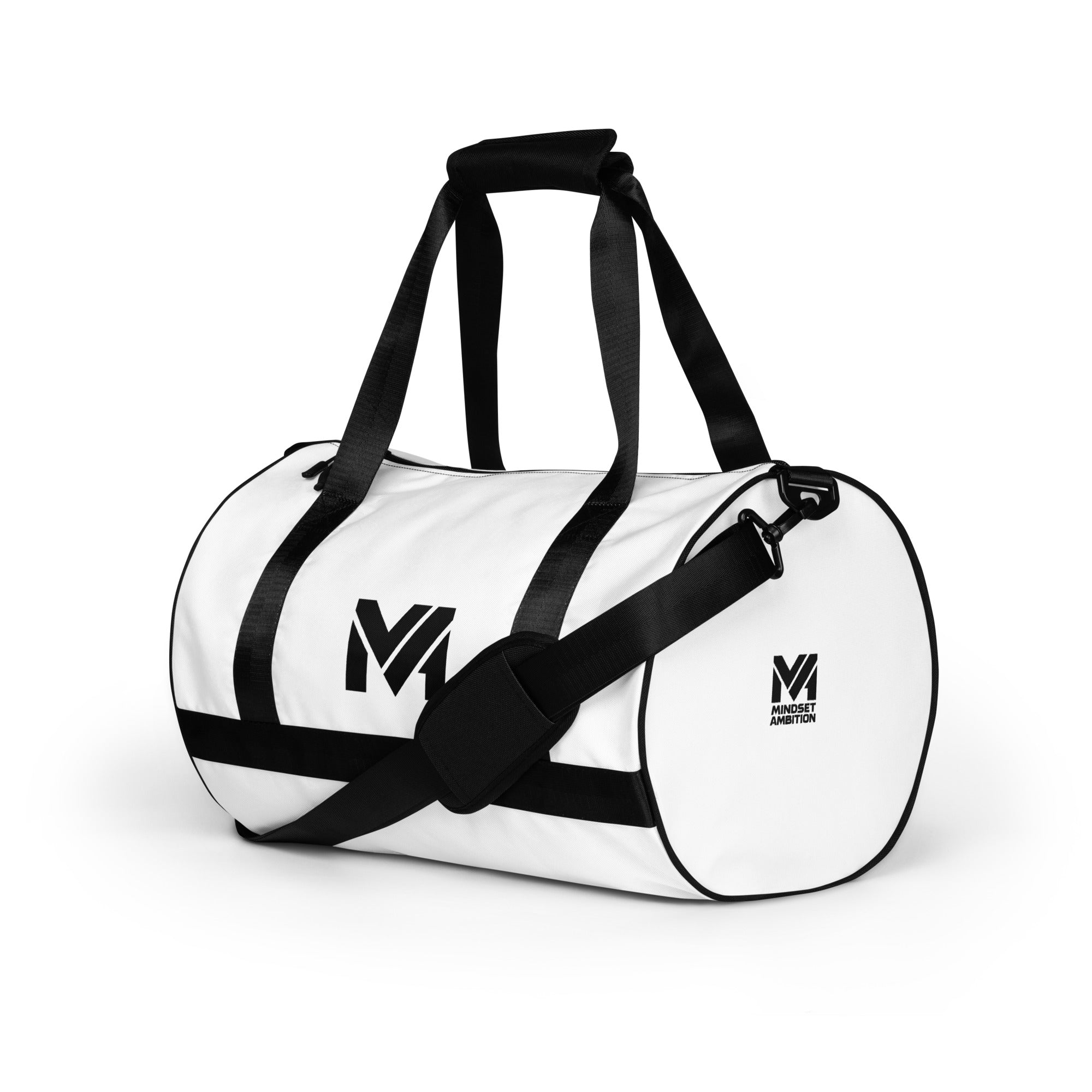 Sac de sport Smart Move Mindset Ambition, blanc, vue avant trois-quarts gauche, anses et bandoulière noires, logo noir latéral, design épuré et fonctionnel – Mindset Ambition