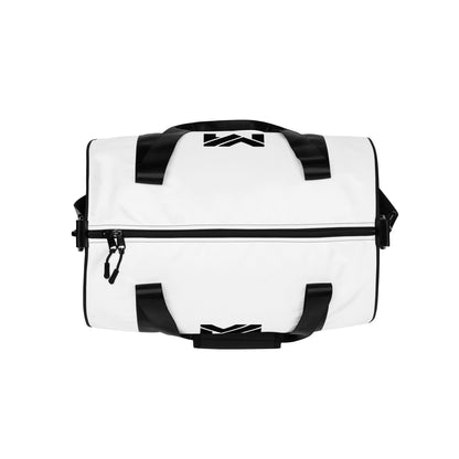 Vue du dessus du sac de sport Smart Move Mindset Ambition, blanc, fermeture zippée centrale, poignées solides et logo noir sur la partie supérieure – Mindset Ambition