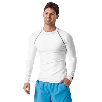 T-shirt sport homme Shield Mindset Ambition, blanc, manches longues, porté par un homme de face, logo noir centré en haut du dos et sur le poignet gauche.