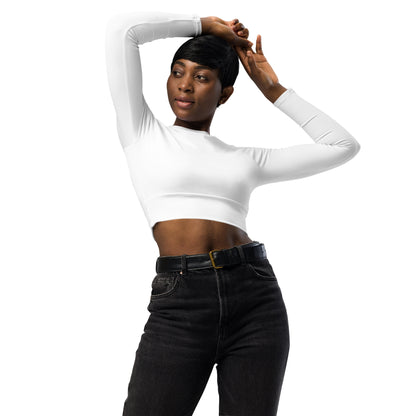 T-shirt sport femme Evolve Mindset Ambition, blanc, crop top à manches longues, style minimaliste et épuré, silhouette sportive – Mindset Ambition