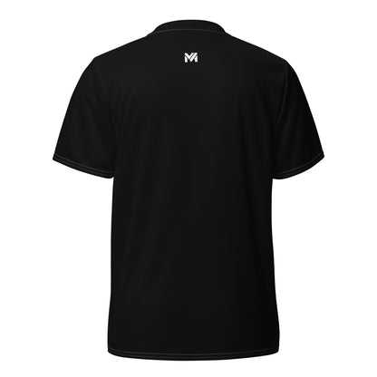 Dos du t-shirt sport technique “Spine Flow” Mindset Ambition, fond noir uni avec logo blanc centré sous le col, tissu respirant, design minimaliste, collection Motivation & Performance.