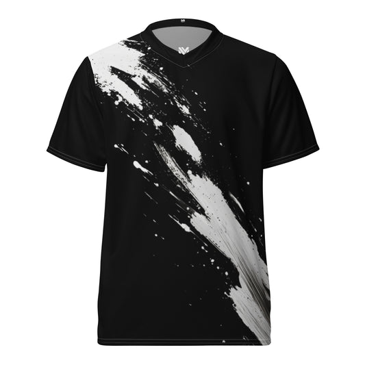 T-shirt sport technique “Spine Flow” Mindset Ambition, fond noir avec taches de peinture blanche, coupe athlétique respirante, logo discret sous le col, vue de face, collection Motivation & Performance.