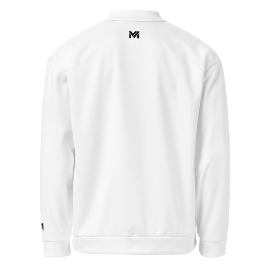 Veste de sport Momentum Mindset Ambition, blanche, vue de dos avec logo noir centré en haut du dos et sur le poignet gauche.