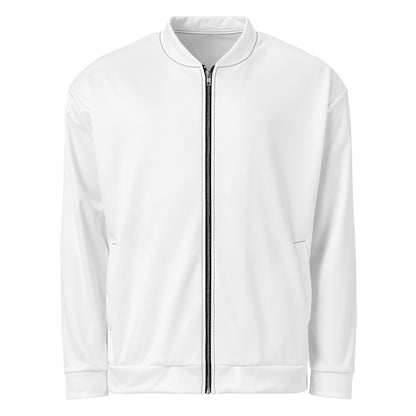 Veste de sport Momentum Mindset Ambition, blanche, vue de face avec fermeture éclair argentée.