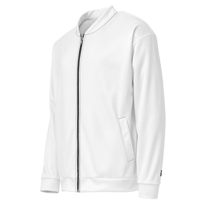 Veste de sport Momentum Mindset Ambition blanche, vue avant, fermeture zippée argentée, coupe moderne et minimaliste avec logo noir sur le poignet gauche – Mindset Ambition