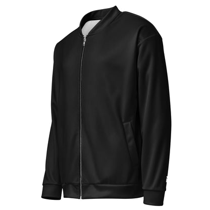 Veste de sport Momentum Mindset Ambition, noire, vue de face 3/4 gauche avec fermeture éclair argentée et logo blanc sur la manche gauche.