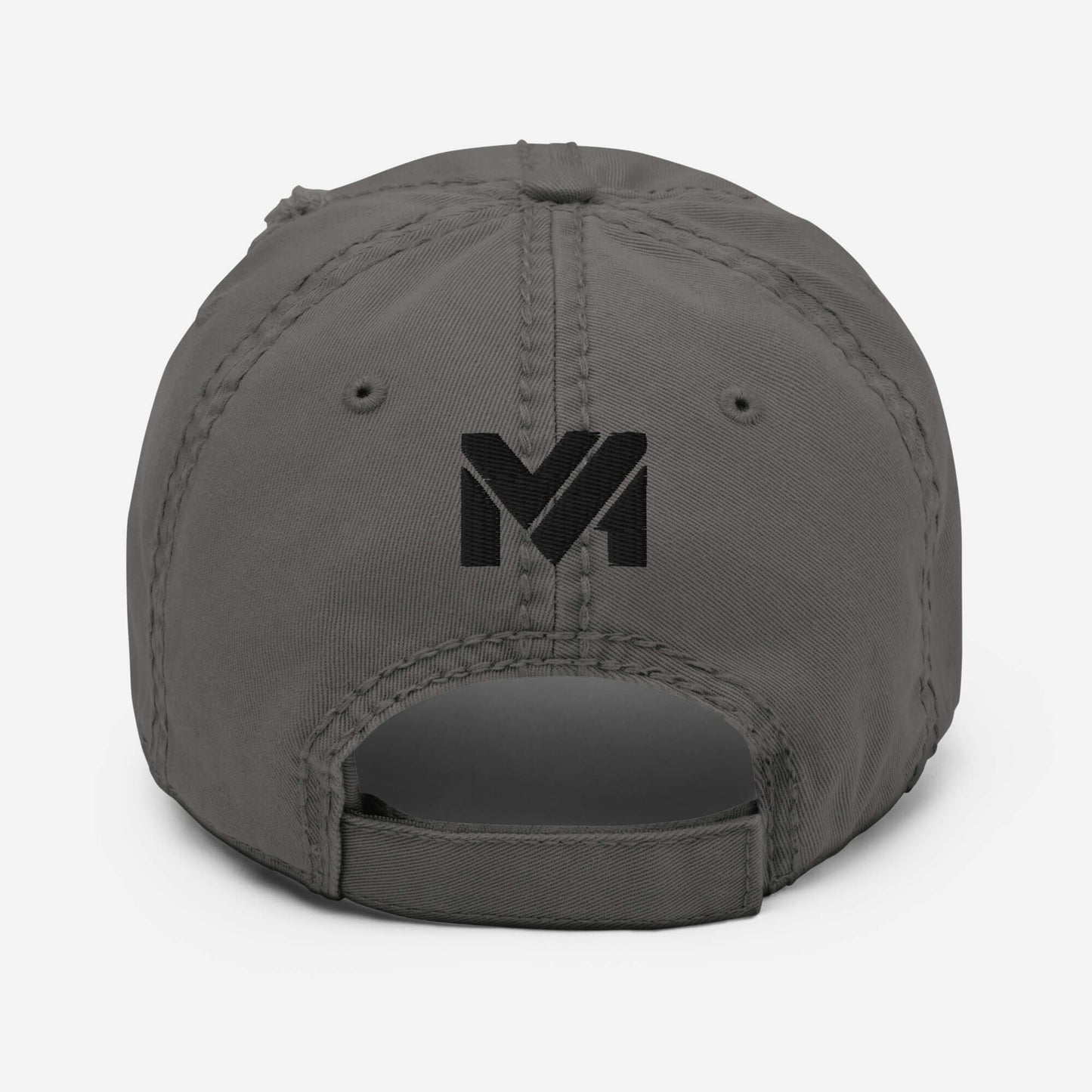 Dos de la casquette “Bold Edge” Mindset Ambition couleur gris charbon, logo noir brodé centré au-dessus de la sangle, couture robuste et style raffiné, collection Détail & Élégance.