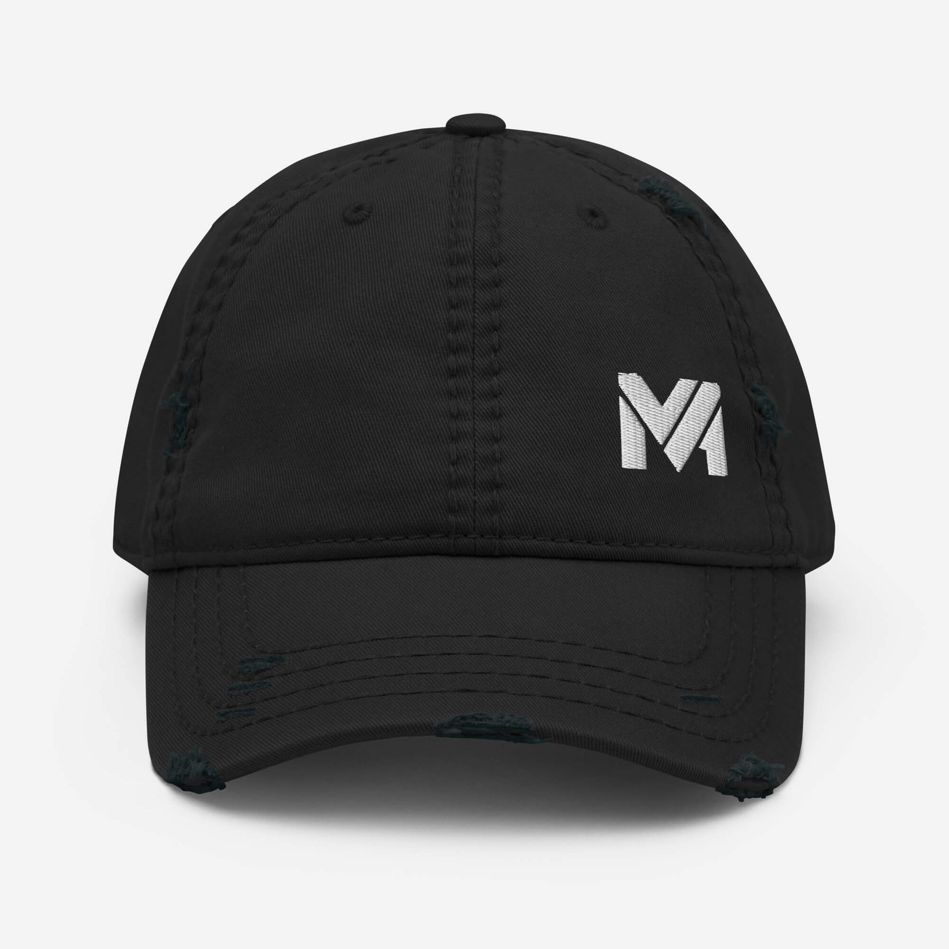 Casquette “Bold Edge” Mindset Ambition couleur noire, logo blanc brodé à l’avant en bas à gauche, contraste élégant et premium, collection Détail & Élégance, vue de face.