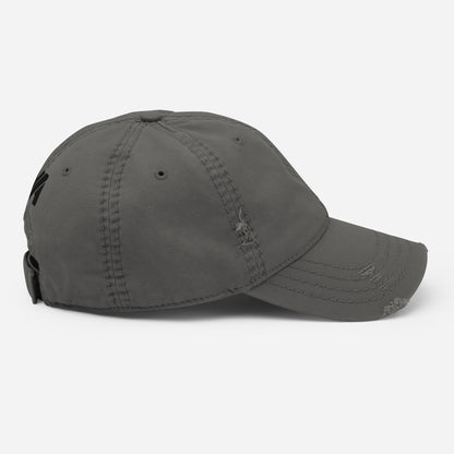 Casquette Bold Edge Mindset Ambition, gris anthracite, vue latérale droite, design usé haut de gamme, logo MA noir brodé, style urbain et affirmé – Mindset Ambition