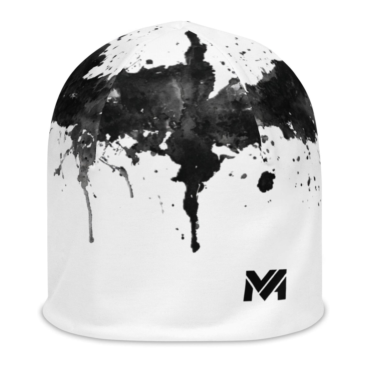 Bonnet Flow Drip blanc avec éclaboussures noires façon peinture et logo MA noir imprimé en bas à gauche – Collection Détail & Élégance Mindset Ambition.