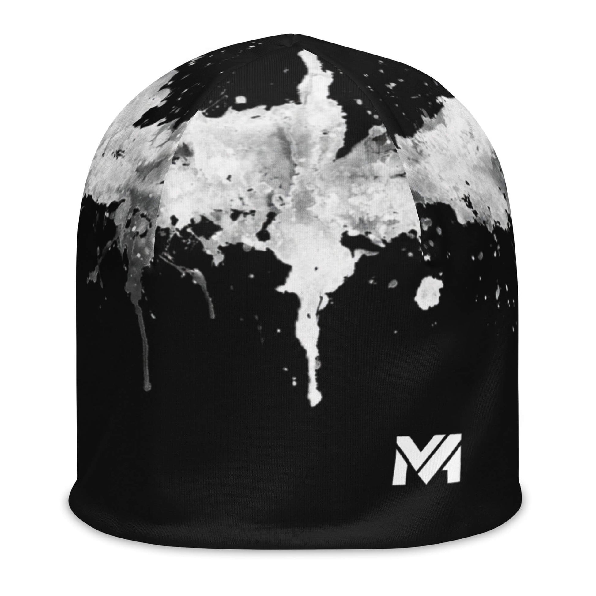 Bonnet Flow Drip noir avec éclaboussures blanches façon peinture et logo MA blanc imprimé en bas à gauche – Collection Détail & Élégance Mindset Ambition.