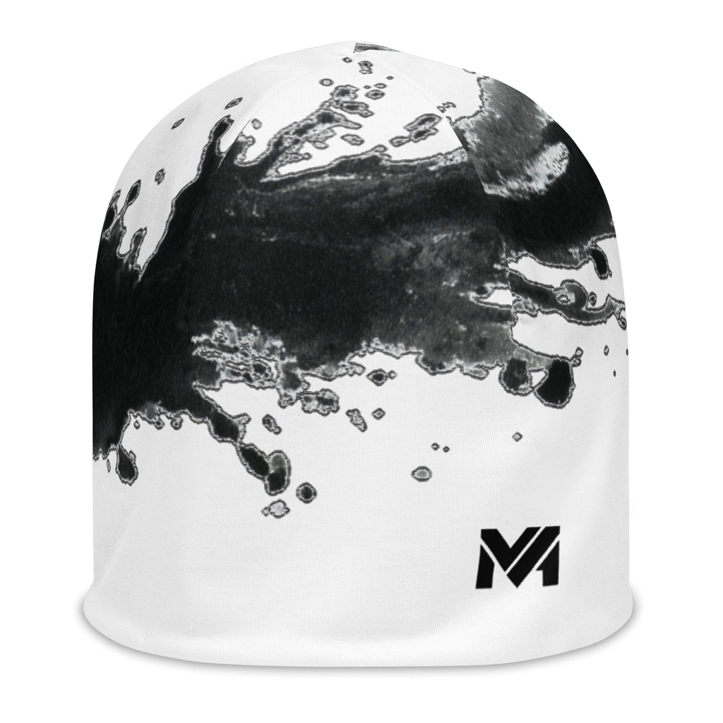 Bonnet Flow Ink blanc avec éclaboussures noires façon peinture et logo MA noir à l’avant en bas à gauche – Collection Détail & Élégance Mindset Ambition.