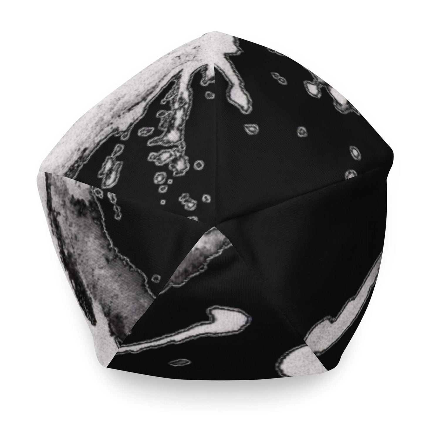 Vue du dessus du bonnet Flow Ink noir à tache de peinture blanche, design artistique et moderne – Collection Détail & Élégance Mindset Ambition.