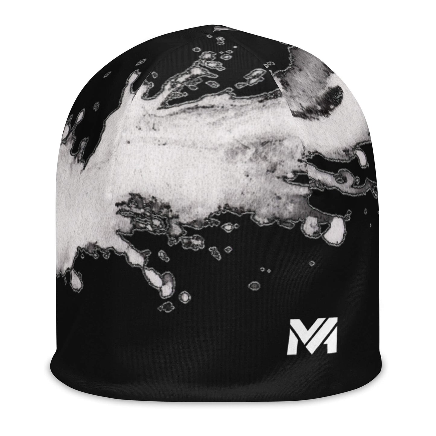 Bonnet Flow Ink noir avec éclaboussures blanches façon peinture et logo MA blanc à l’avant en bas à gauche – Collection Détail & Élégance Mindset Ambition.