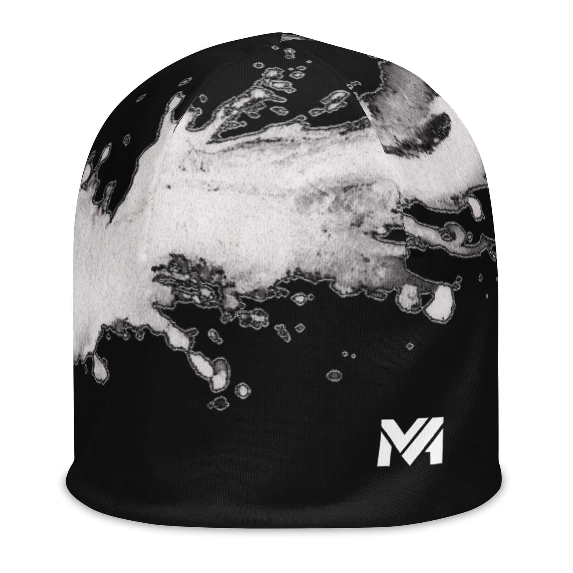 Bonnet Flow Ink noir avec éclaboussures blanches façon peinture et logo MA blanc à l’avant en bas à gauche – Collection Détail & Élégance Mindset Ambition.