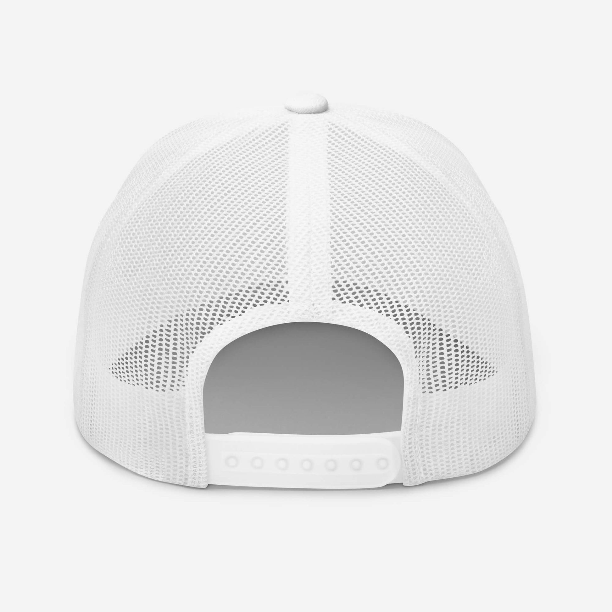 Vue arrière de la casquette High Focus blanche, filet blanc et fermeture snapback ajustable, finition premium Mindset Ambition.