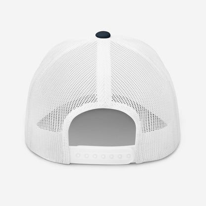 Vue arrière de la casquette High Focus bleu marine et blanc, filet blanc et fermeture réglable snapback.