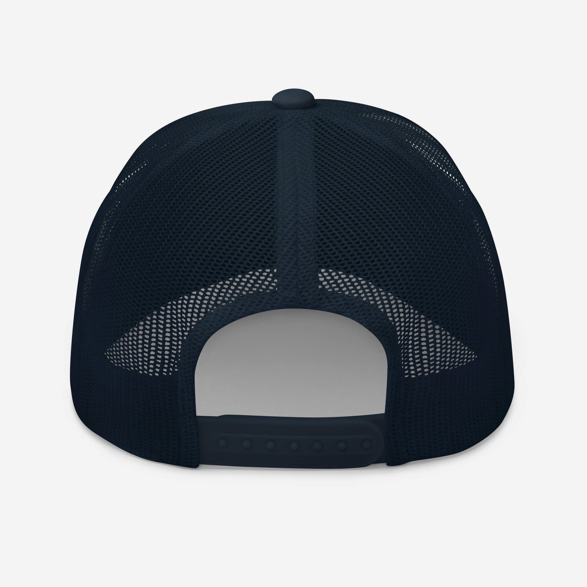 Vue arrière de la casquette High Focus bleu marine, filet respirant et système de fermeture ajustable.