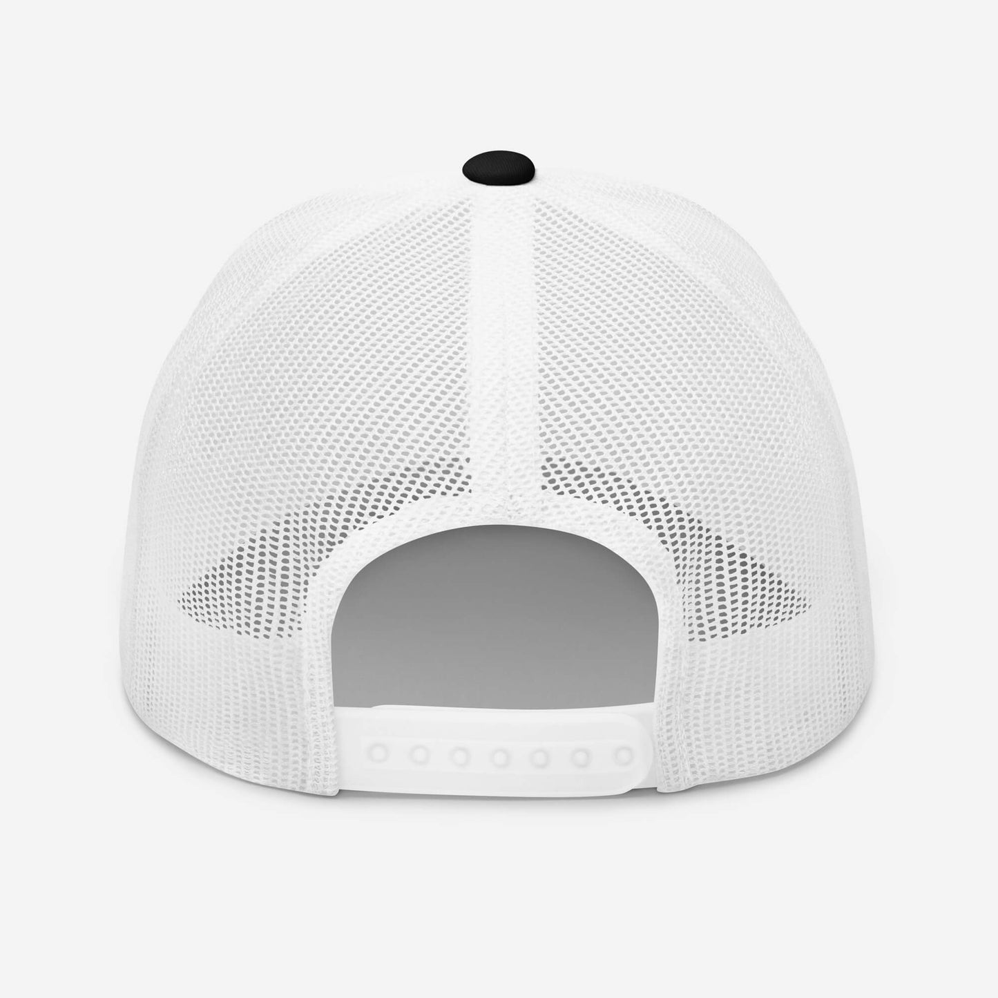 Dos de la casquette High Focus noire et blanche avec filet blanc et sangle réglable, design moderne et sportif – Collection Détail & Élégance Mindset Ambition.