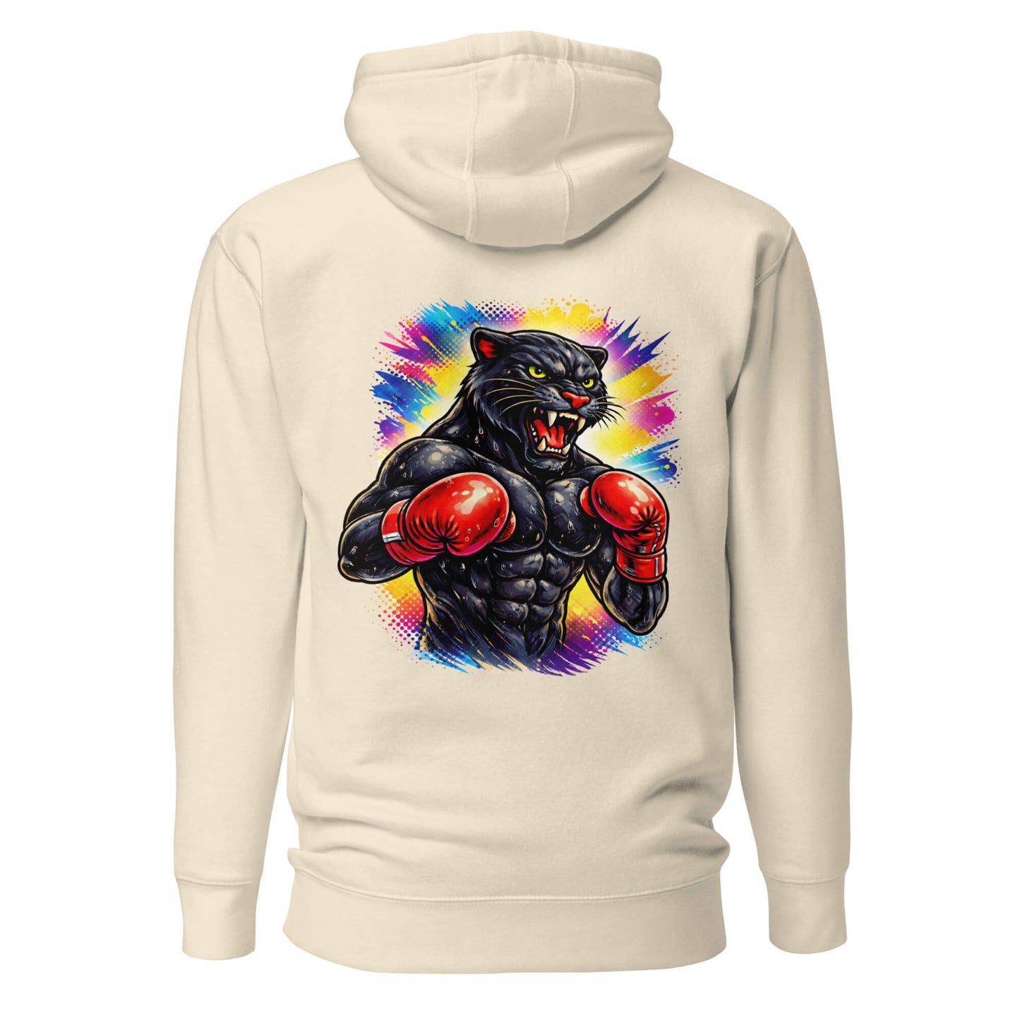 Hoodie BLACK PANTHER beige visuel coloré dos et logo noir face Mindset Ambition